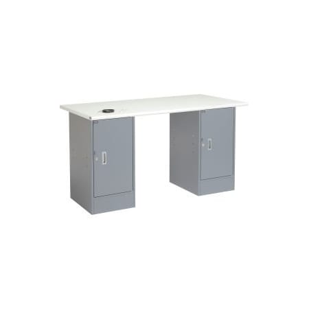 Global Equipment 60"W x 30"D Pedestal Workbench - 2 Cabinets, ESD Safety Edge - Gray 607662